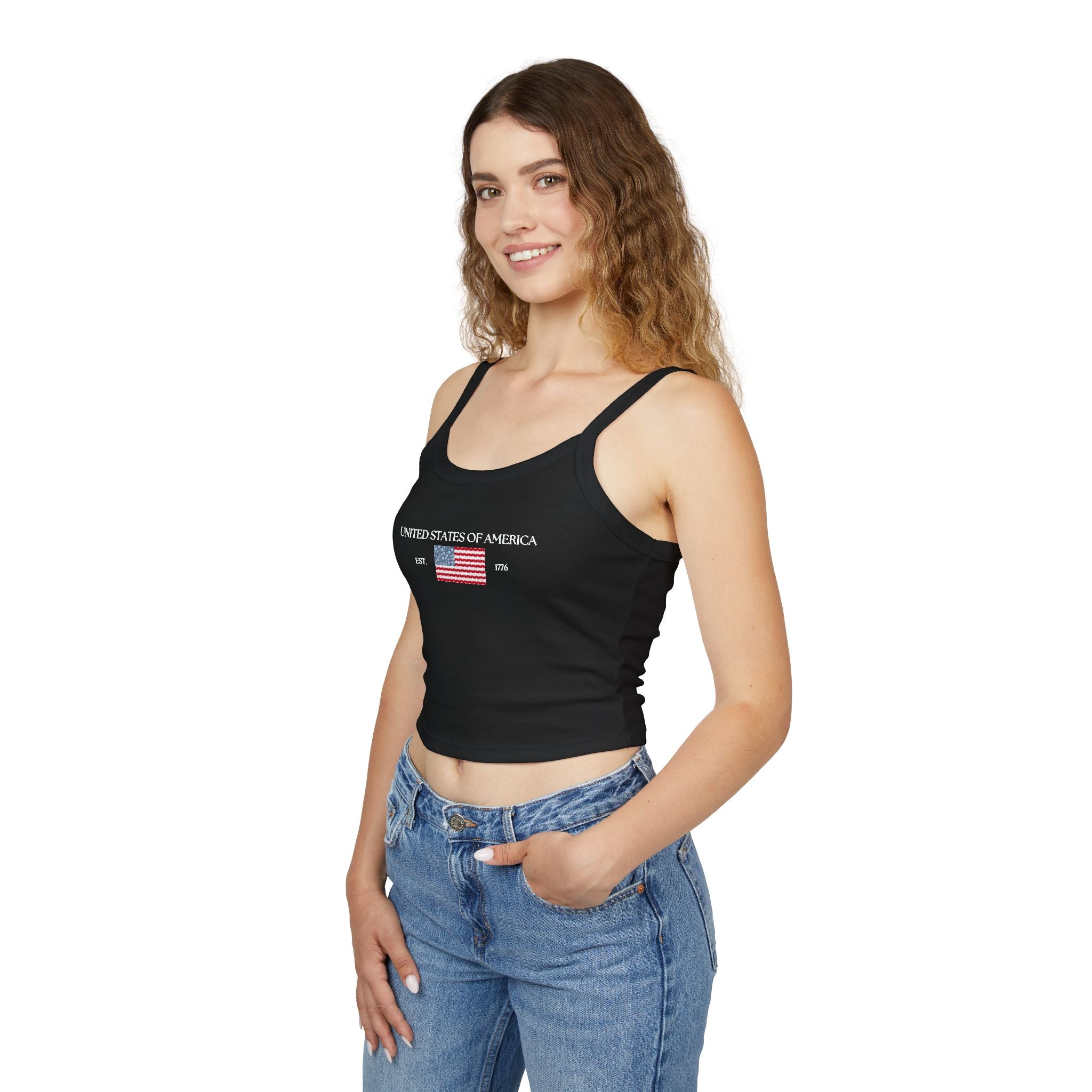 Patterned USA Flag - White Font Spaghetti Strap Tank Top