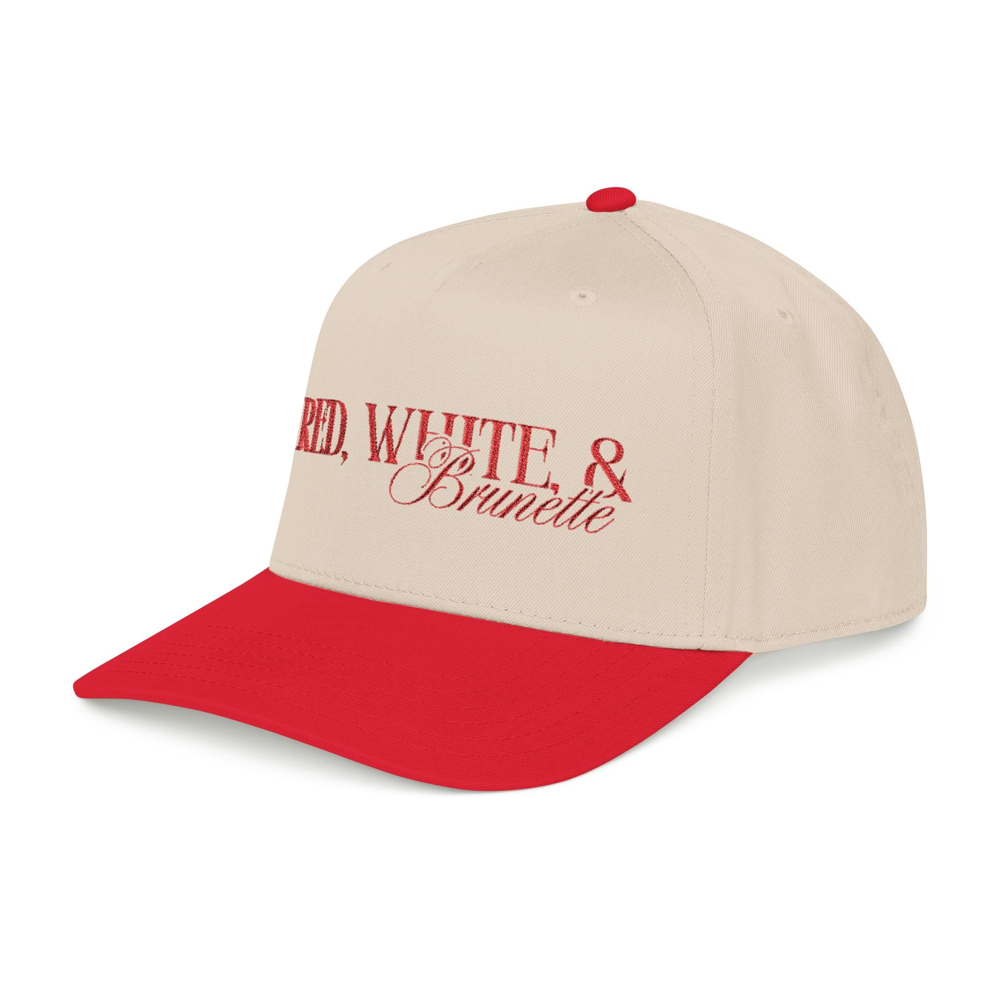 Red, White, & Brunette - Red Font Mid Profile Baseball Cap