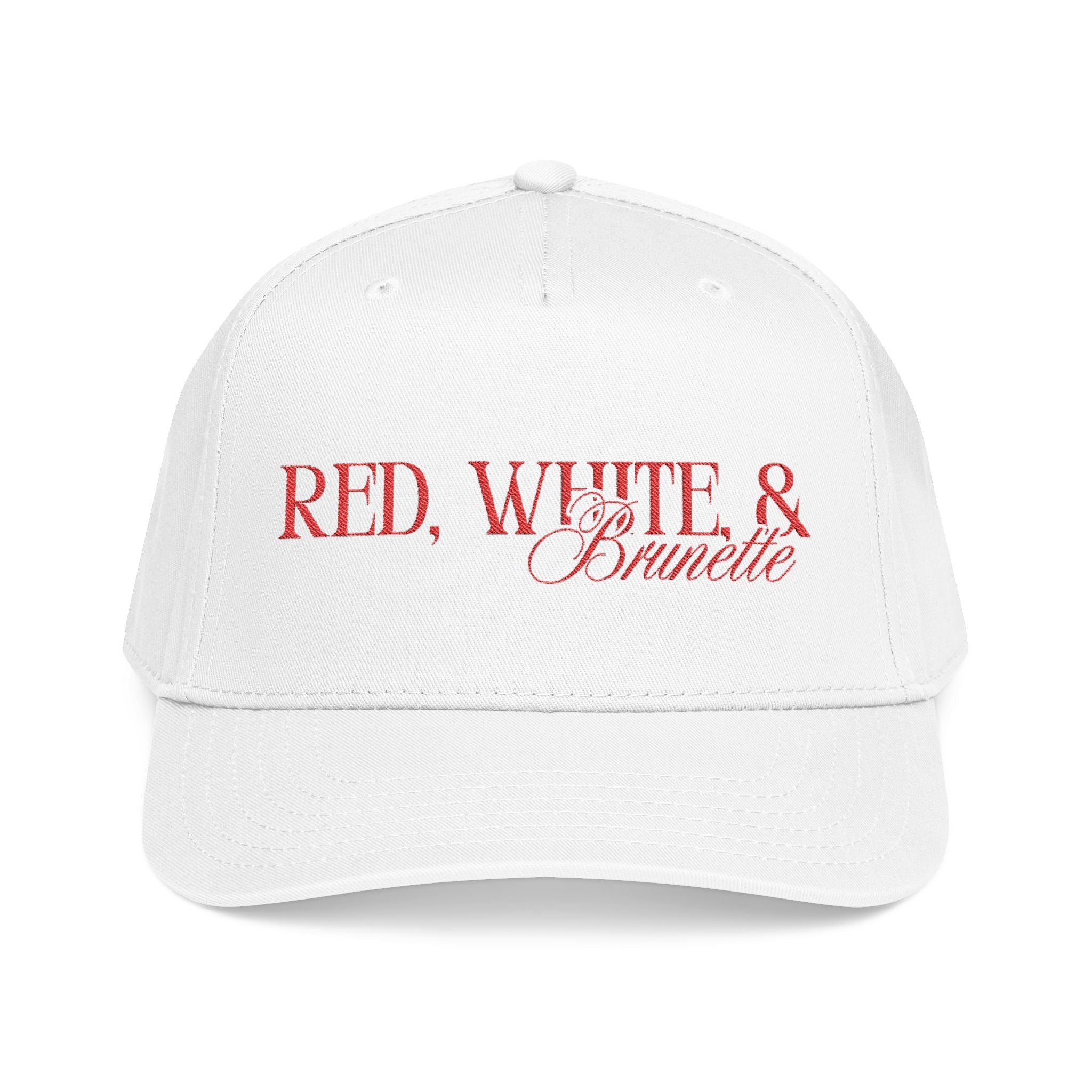 Red, White, & Brunette - Red Font Mid Profile Baseball Cap