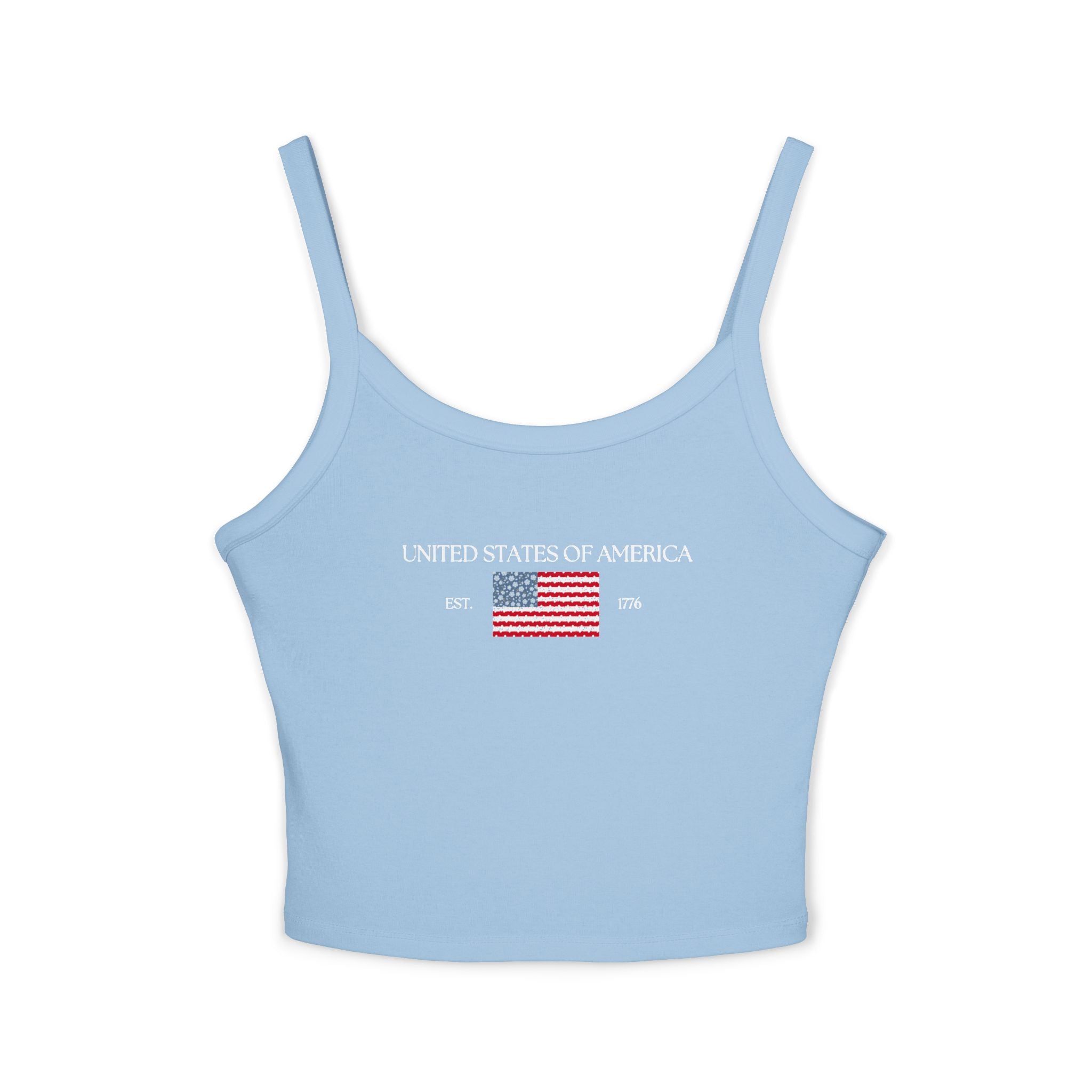 Patterned USA Flag - White Font Spaghetti Strap Tank Top