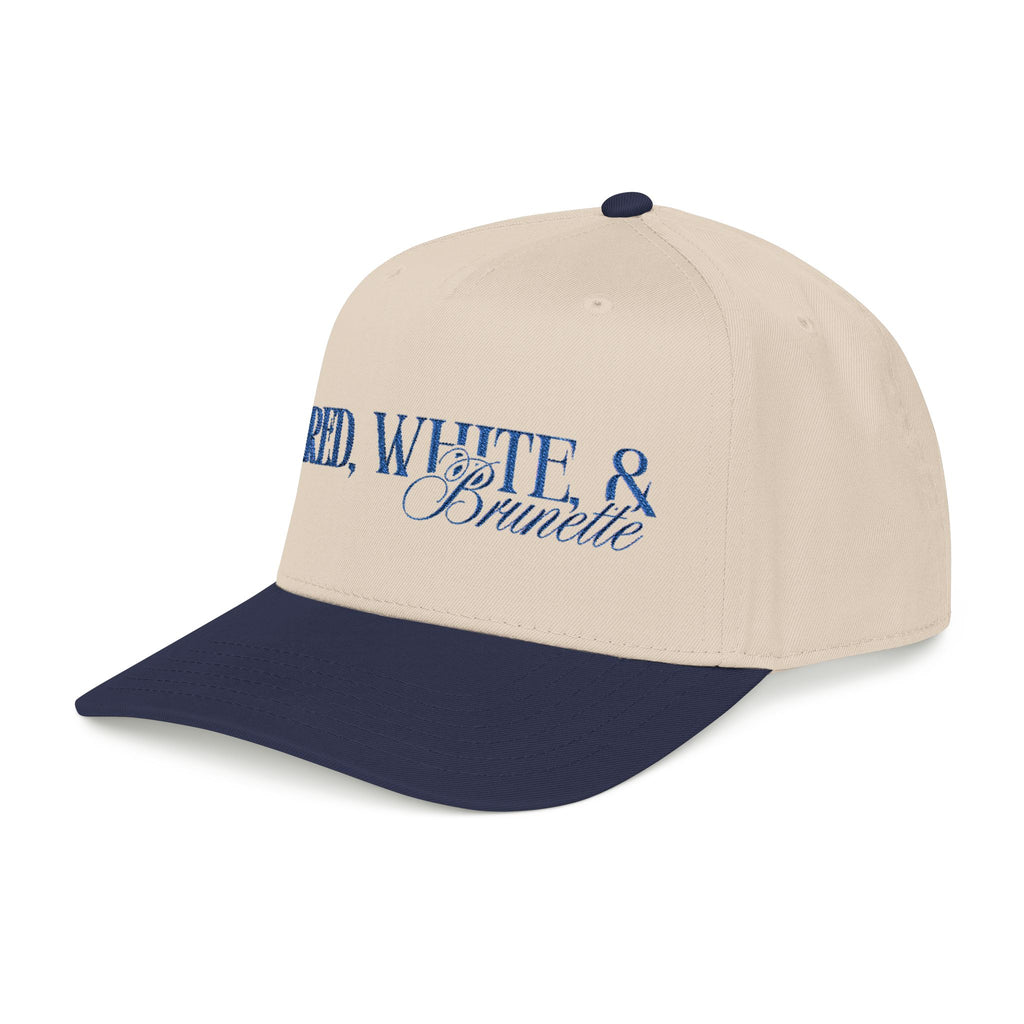 Red, White, & Brunette - Blue Font Mid Profile Baseball Cap