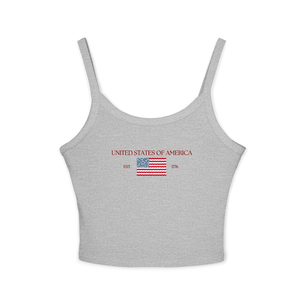 Patterned USA Flag - Red Font Spaghetti Strap Tank Top