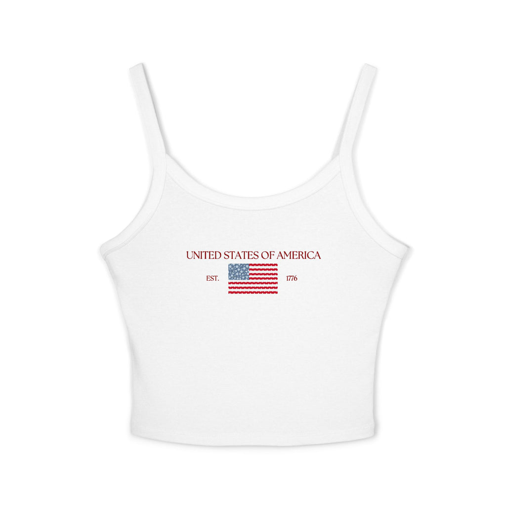 Patterned USA Flag - Red Font Spaghetti Strap Tank Top