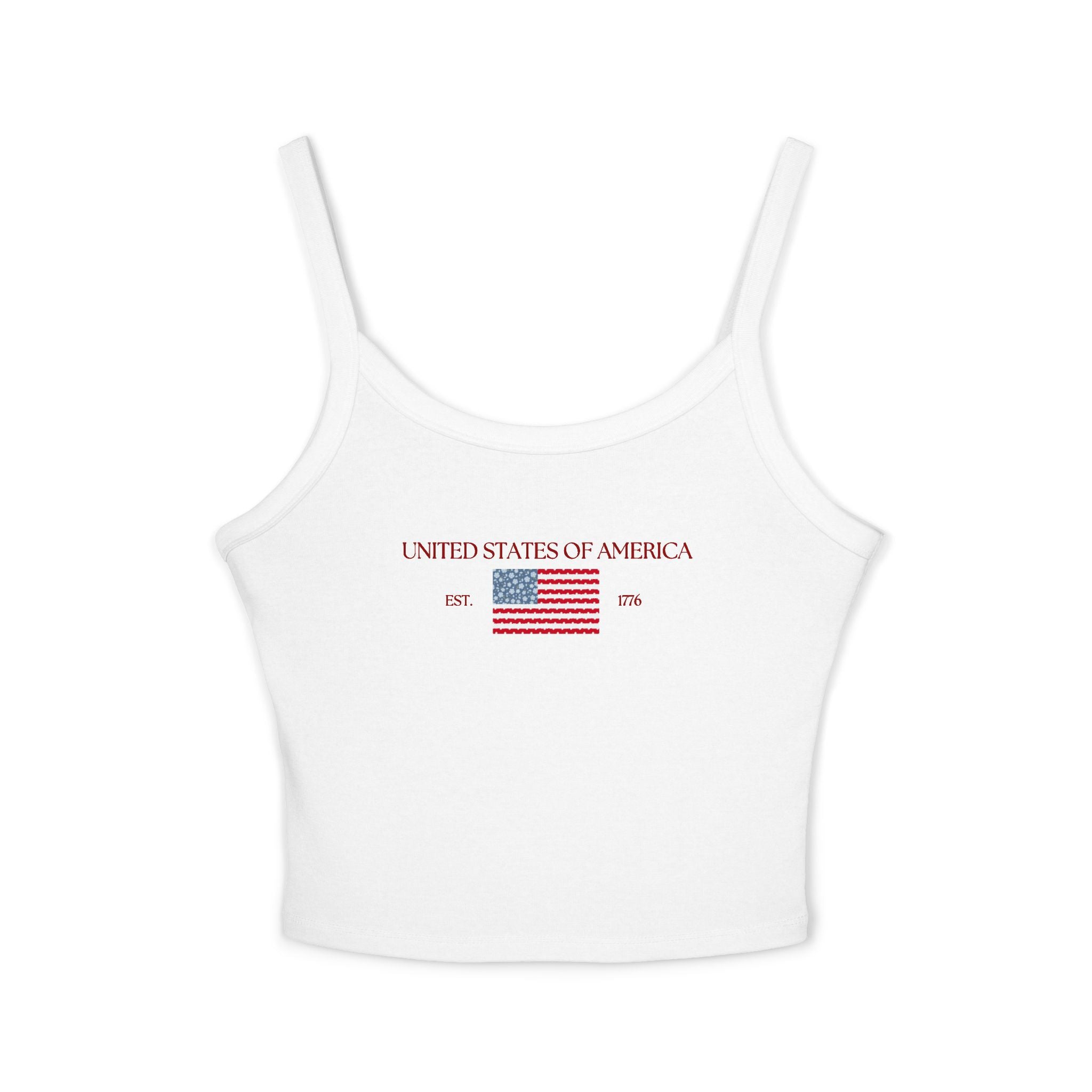 Patterned USA Flag - Red Font Spaghetti Strap Tank Top