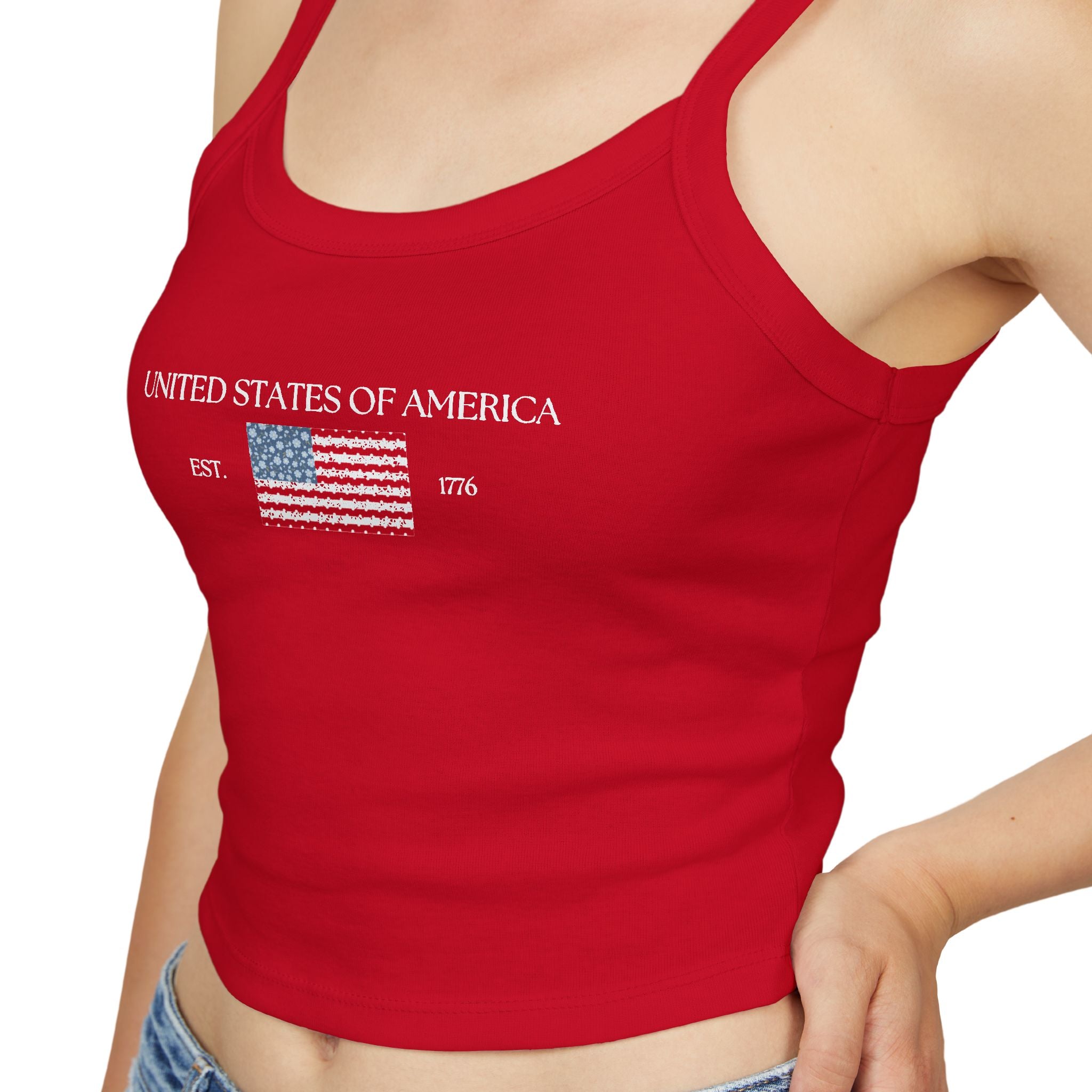 Patterned USA Flag - White Font Spaghetti Strap Tank Top