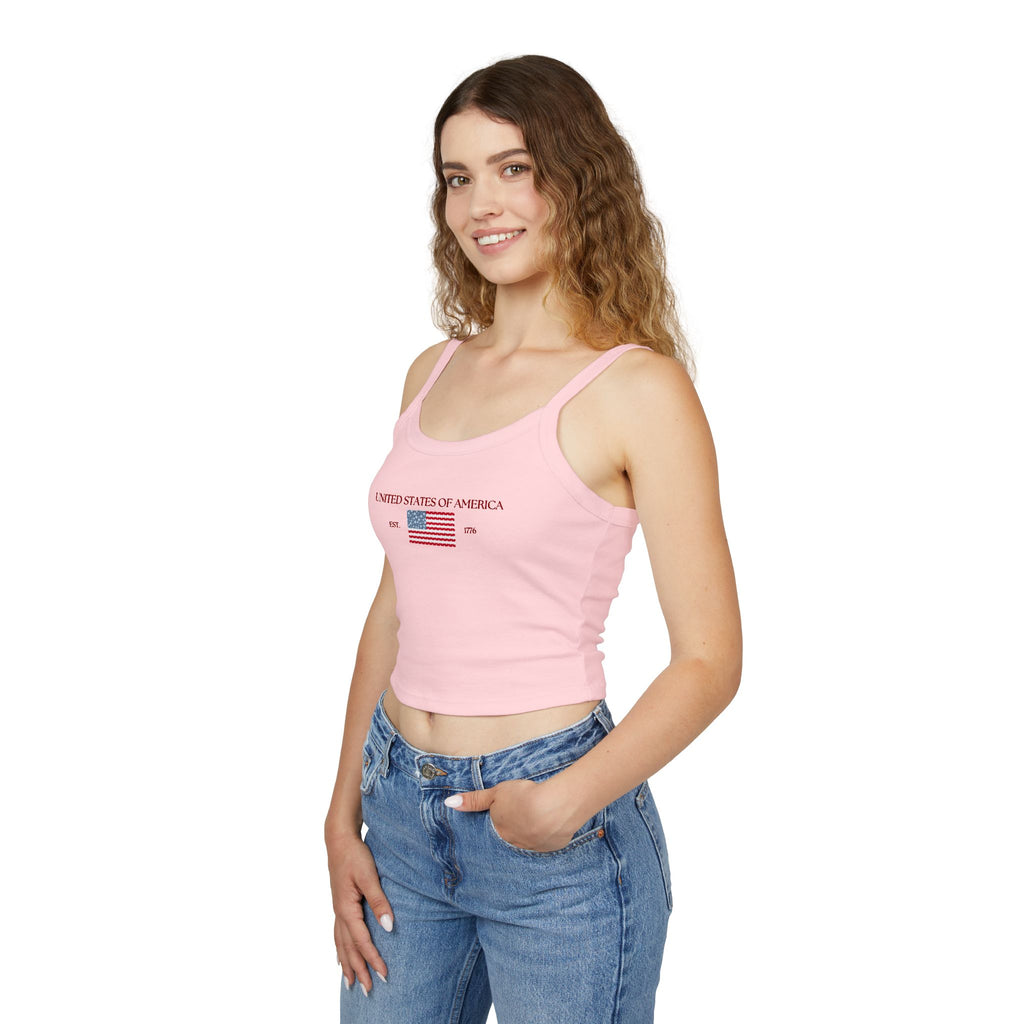 Patterned USA Flag - Red Font Spaghetti Strap Tank Top