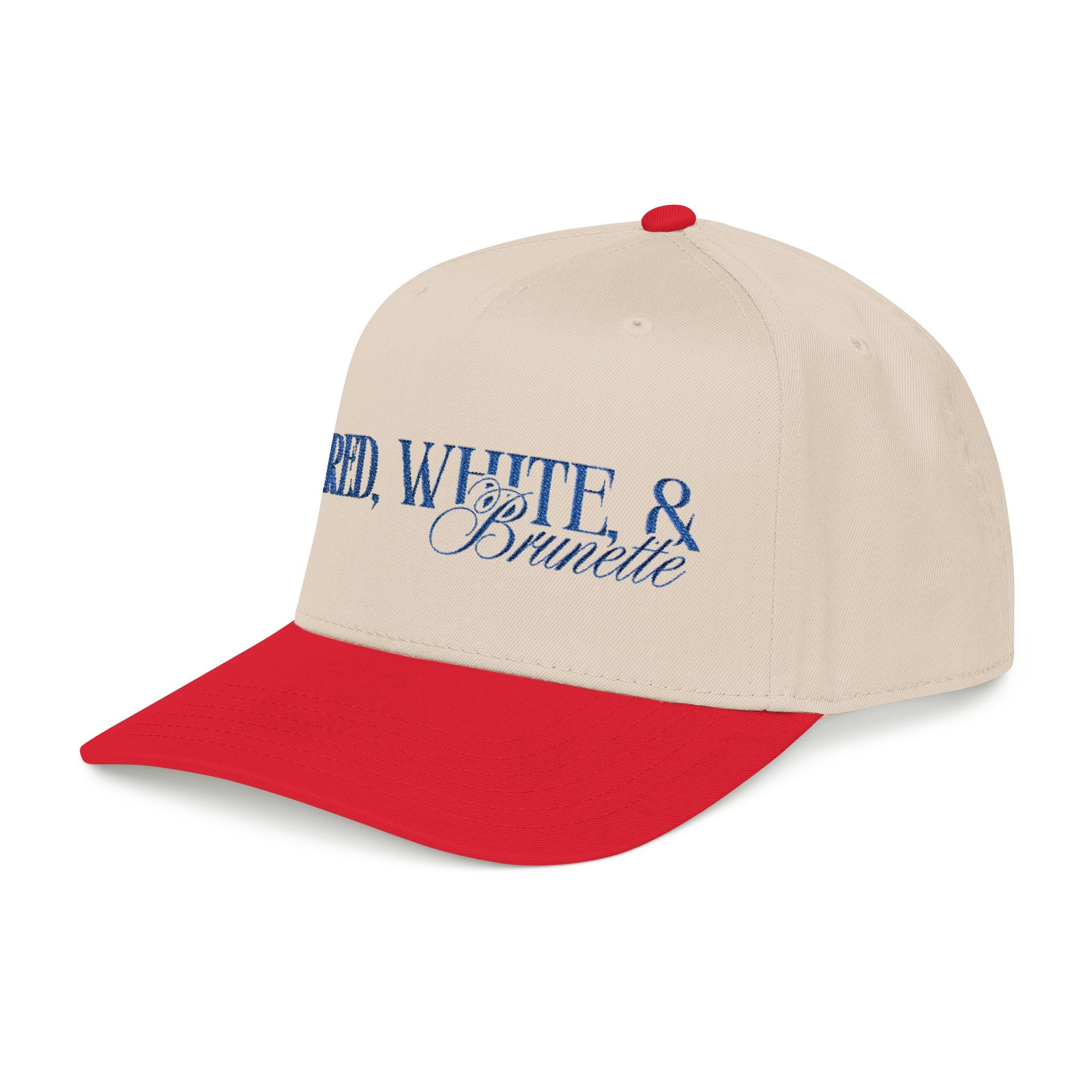 Red, White, & Brunette - Blue Font Mid Profile Baseball Cap