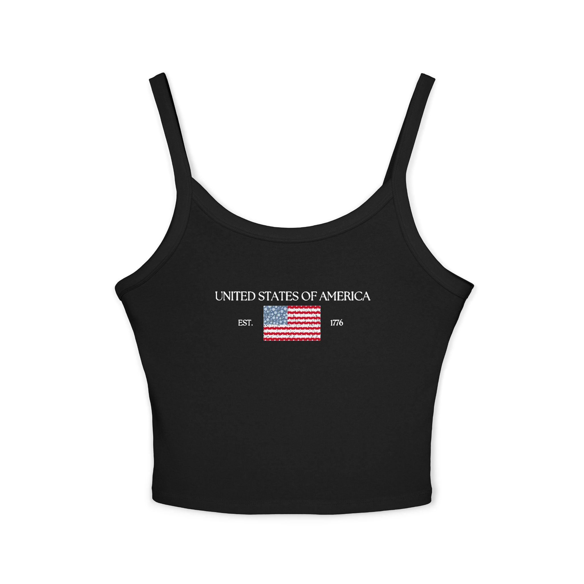 Patterned USA Flag - White Font Spaghetti Strap Tank Top