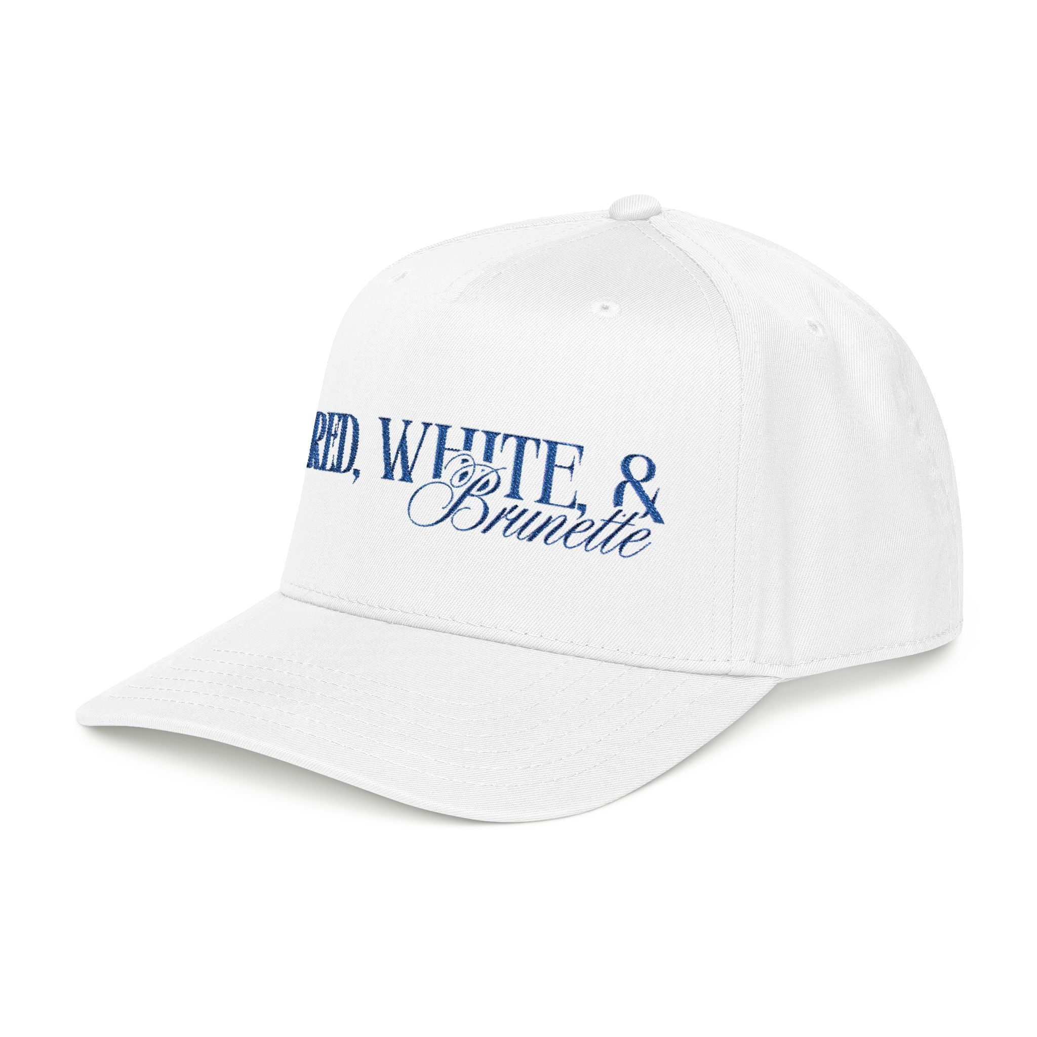 Red, White, & Brunette - Blue Font Mid Profile Baseball Cap