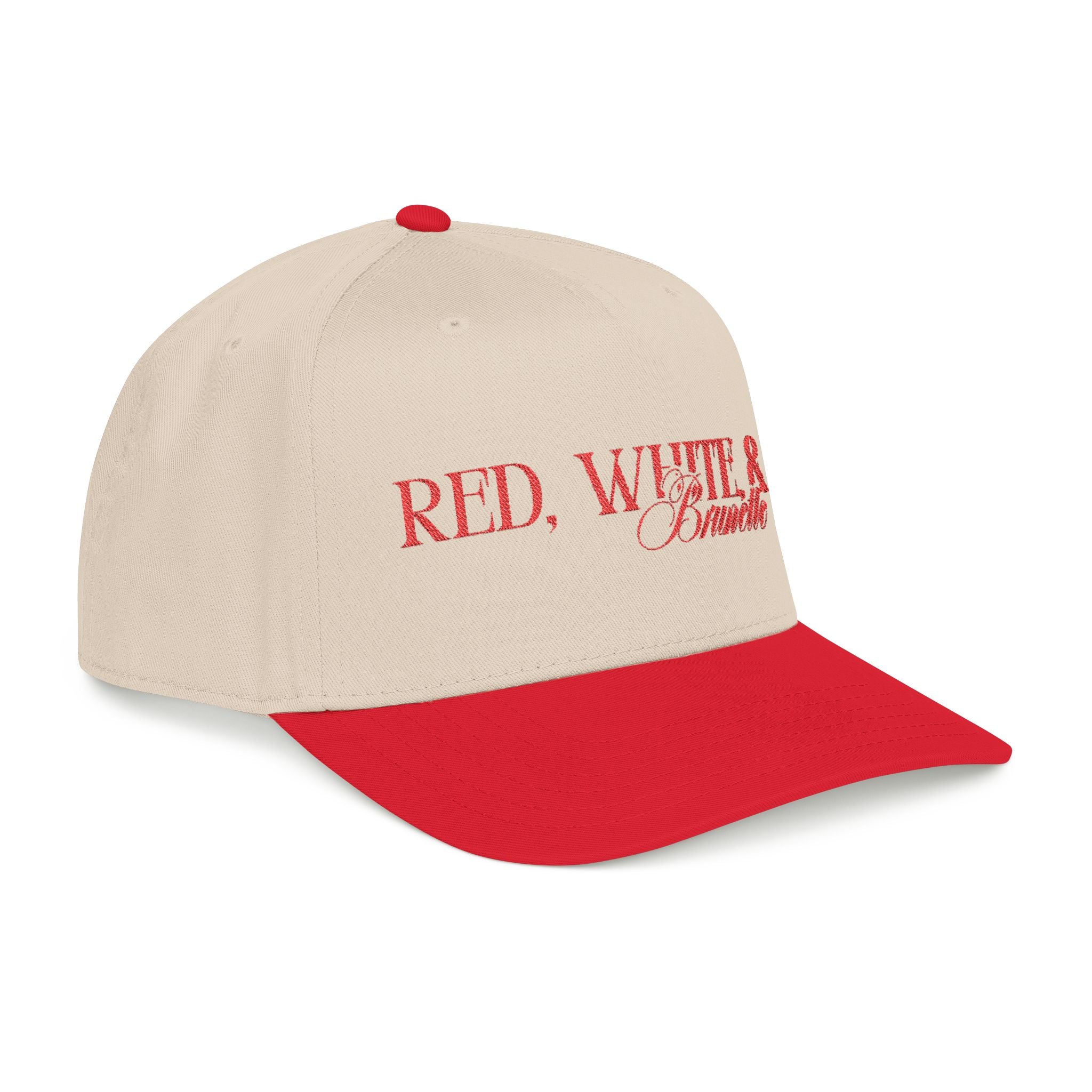 Red, White, & Brunette - Red Font Mid Profile Baseball Cap
