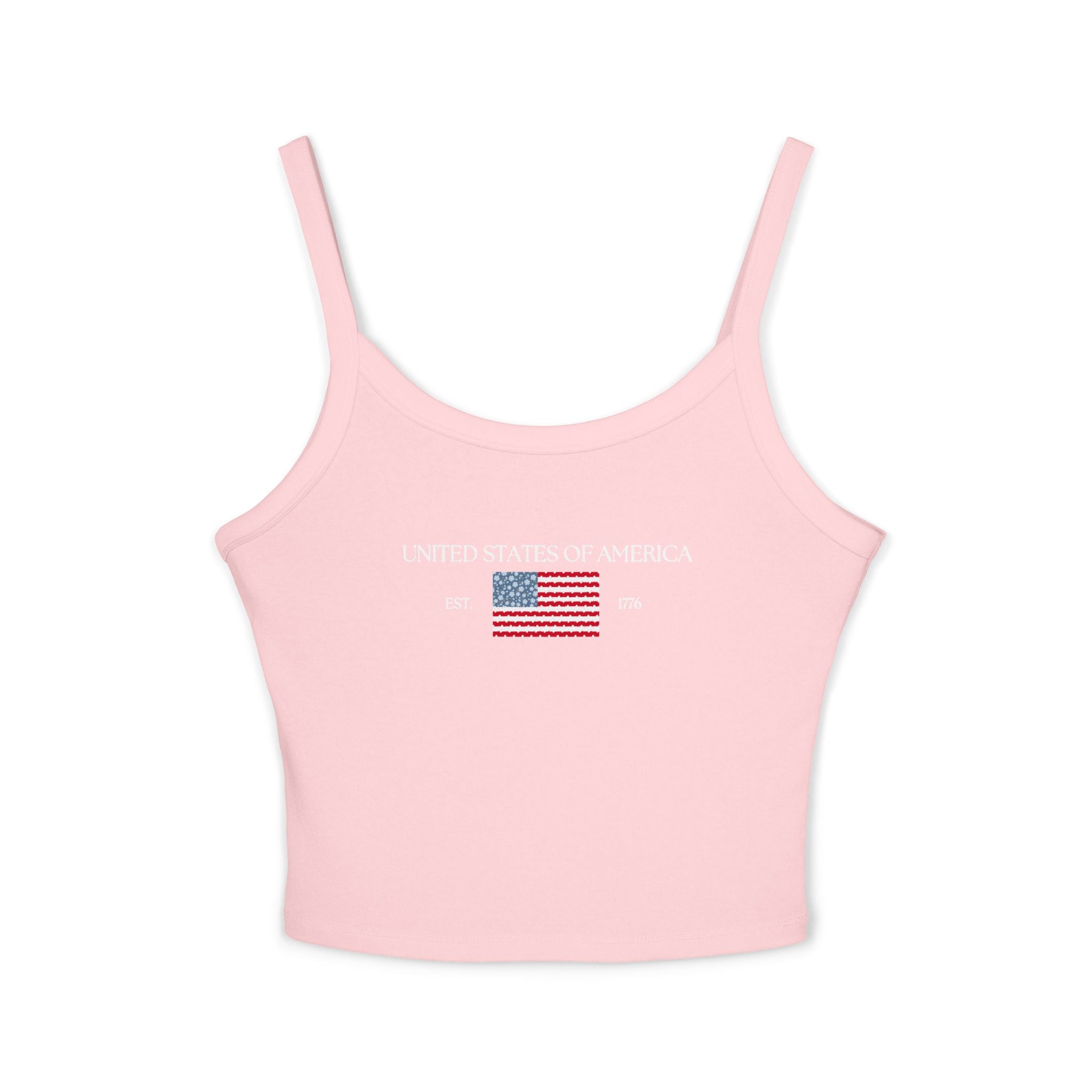 Patterned USA Flag - White Font Spaghetti Strap Tank Top