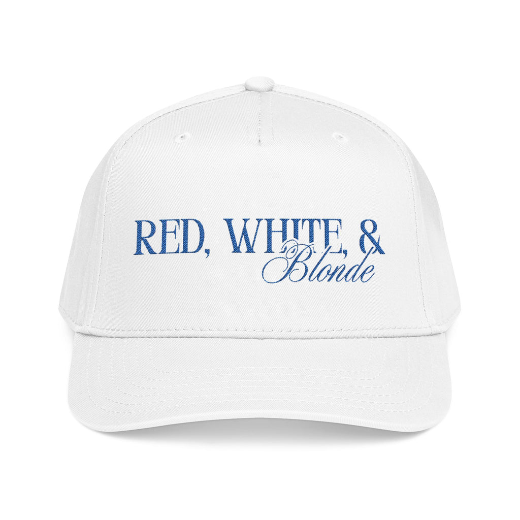 Red, White & Blonde - Blue Font Mid Profile Baseball Cap