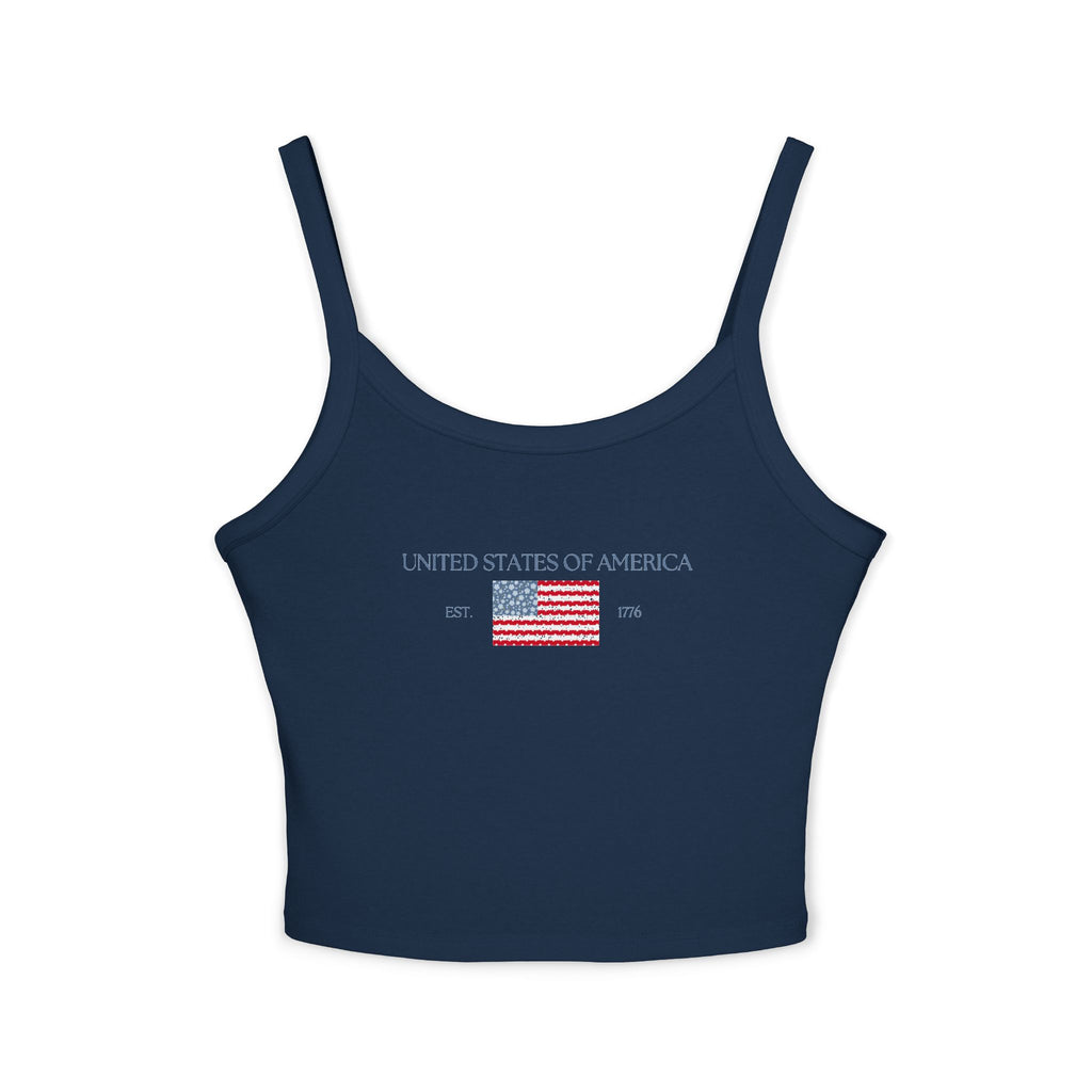 Patterned USA Flag - Blue Font Spaghetti Strap Tank Top
