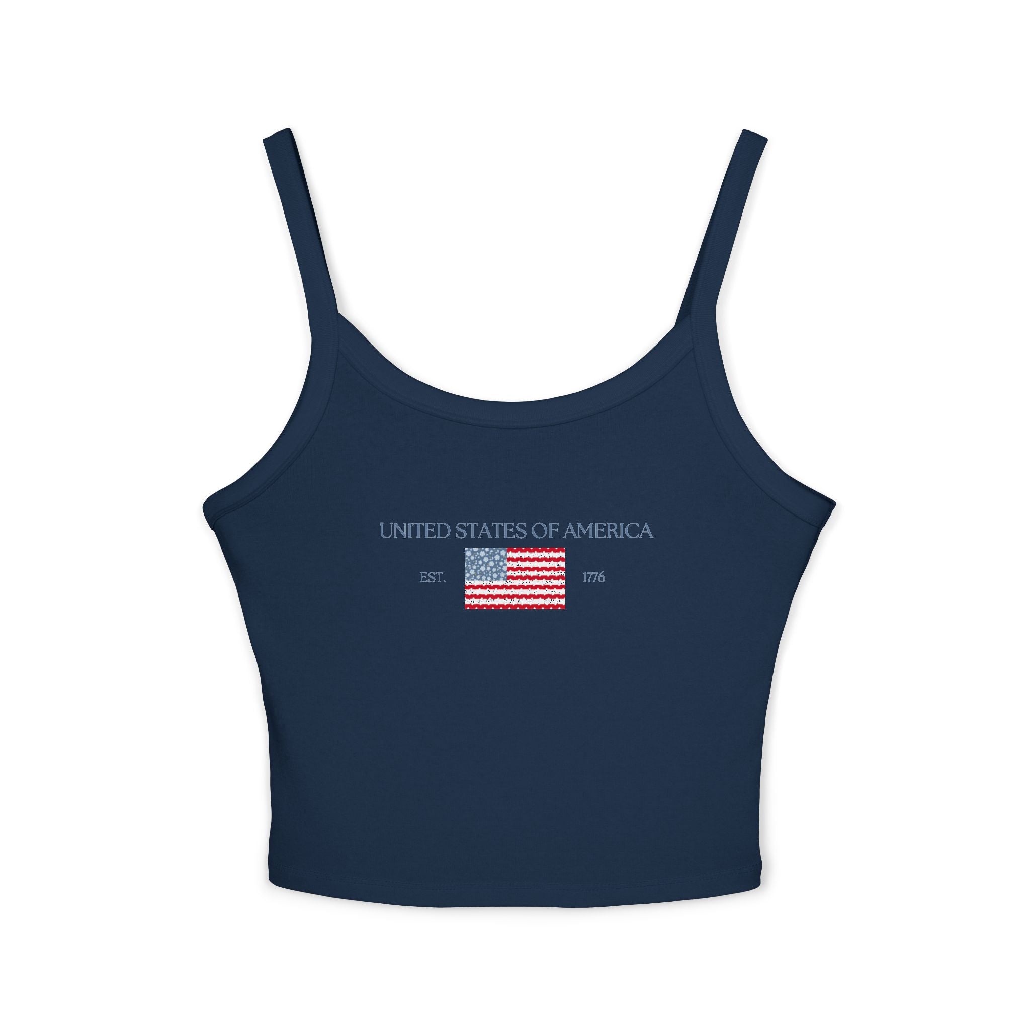 Patterned USA Flag - Blue Font Spaghetti Strap Tank Top