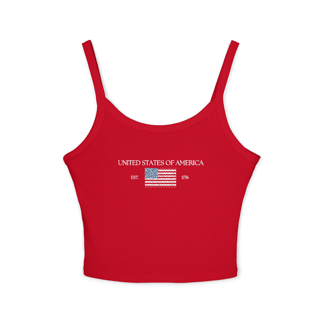 Patterned USA Flag - White Font Spaghetti Strap Tank Top