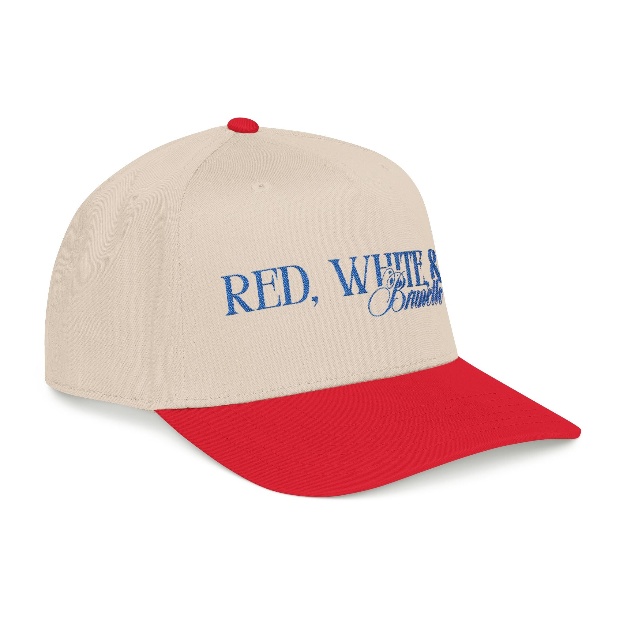 Red, White, & Brunette - Blue Font Mid Profile Baseball Cap