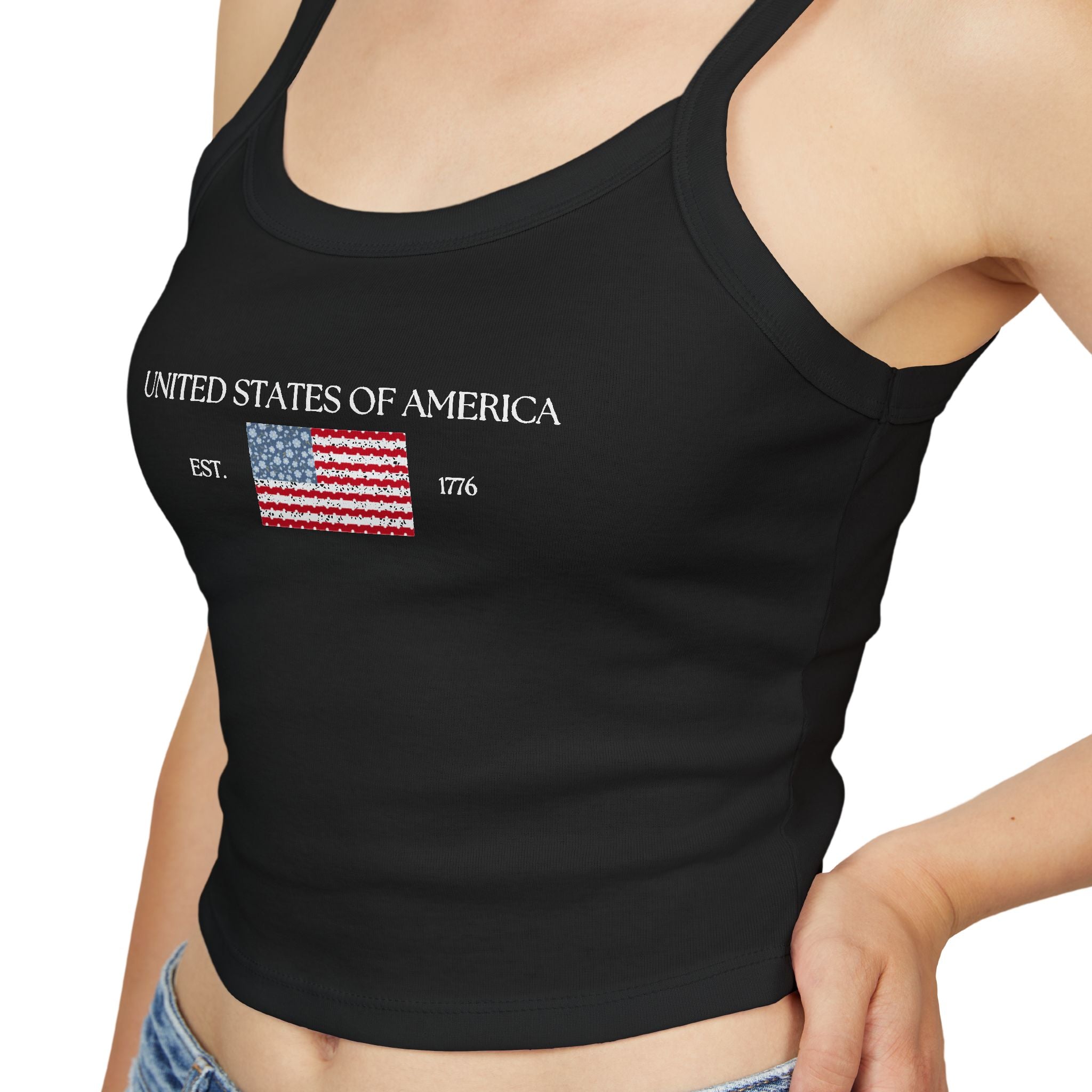 Patterned USA Flag - White Font Spaghetti Strap Tank Top