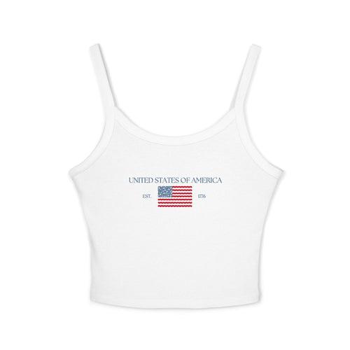 Patterned USA Flag - Blue Font Spaghetti Strap Tank Top