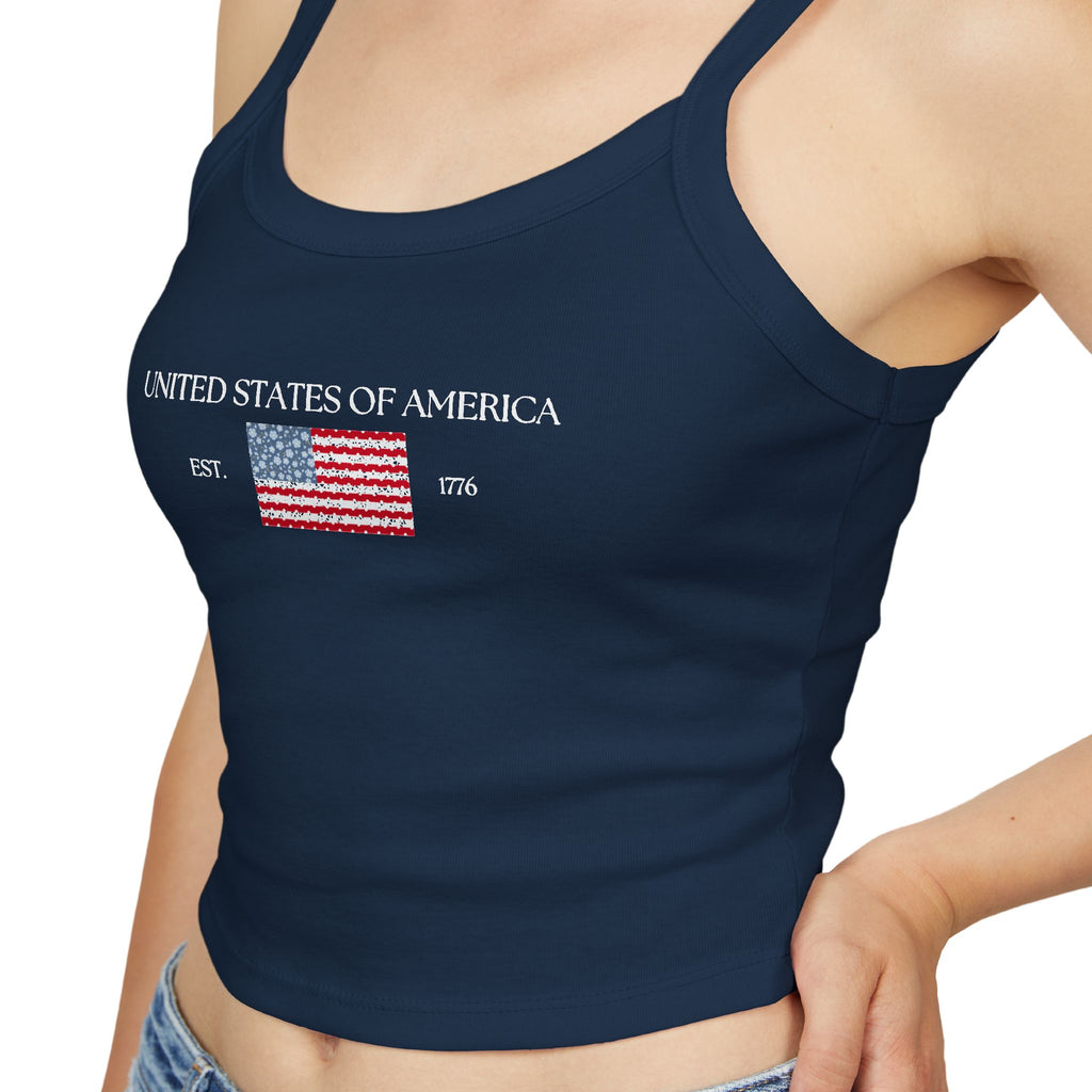 Patterned USA Flag - White Font Spaghetti Strap Tank Top
