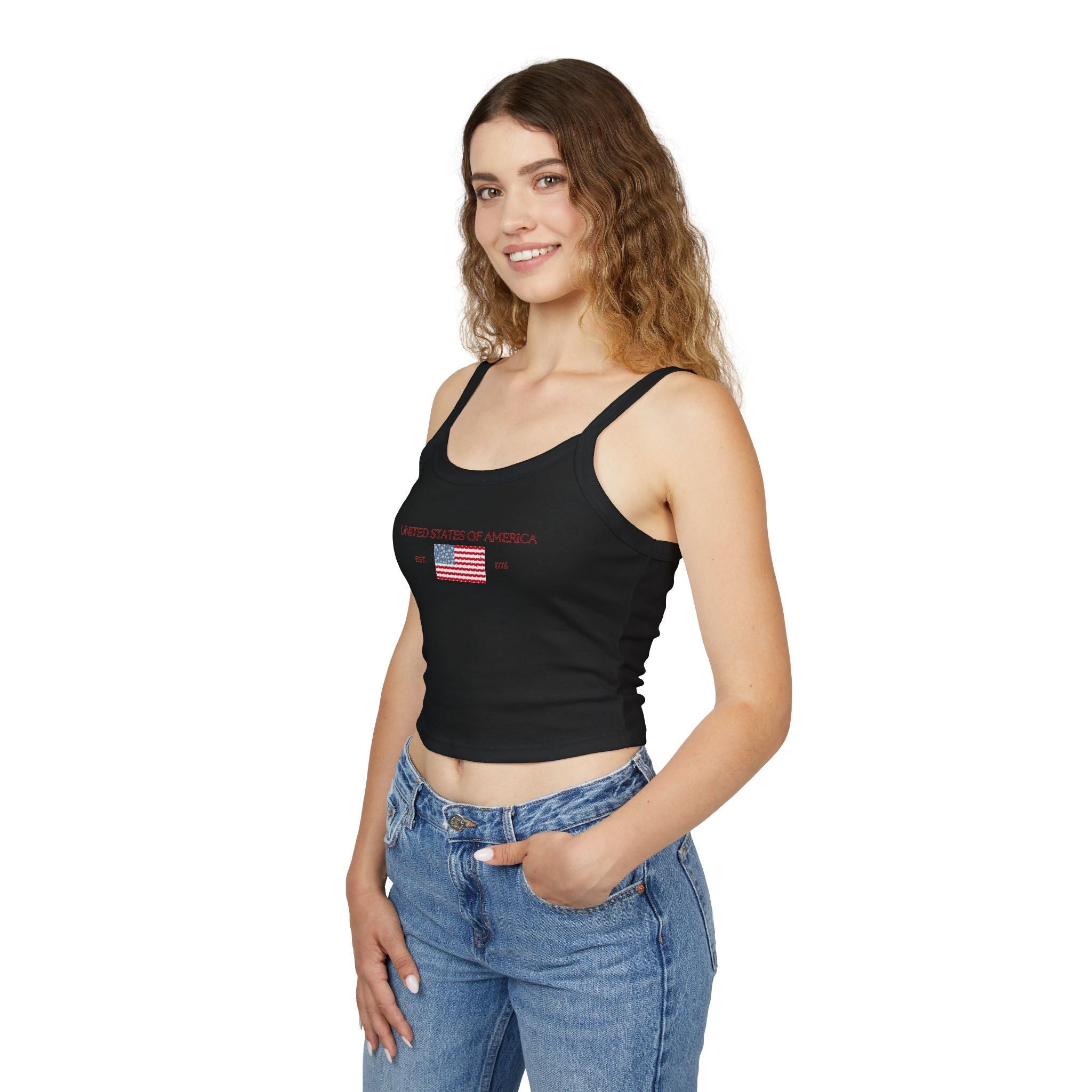 Patterned USA Flag - Red Font Spaghetti Strap Tank Top
