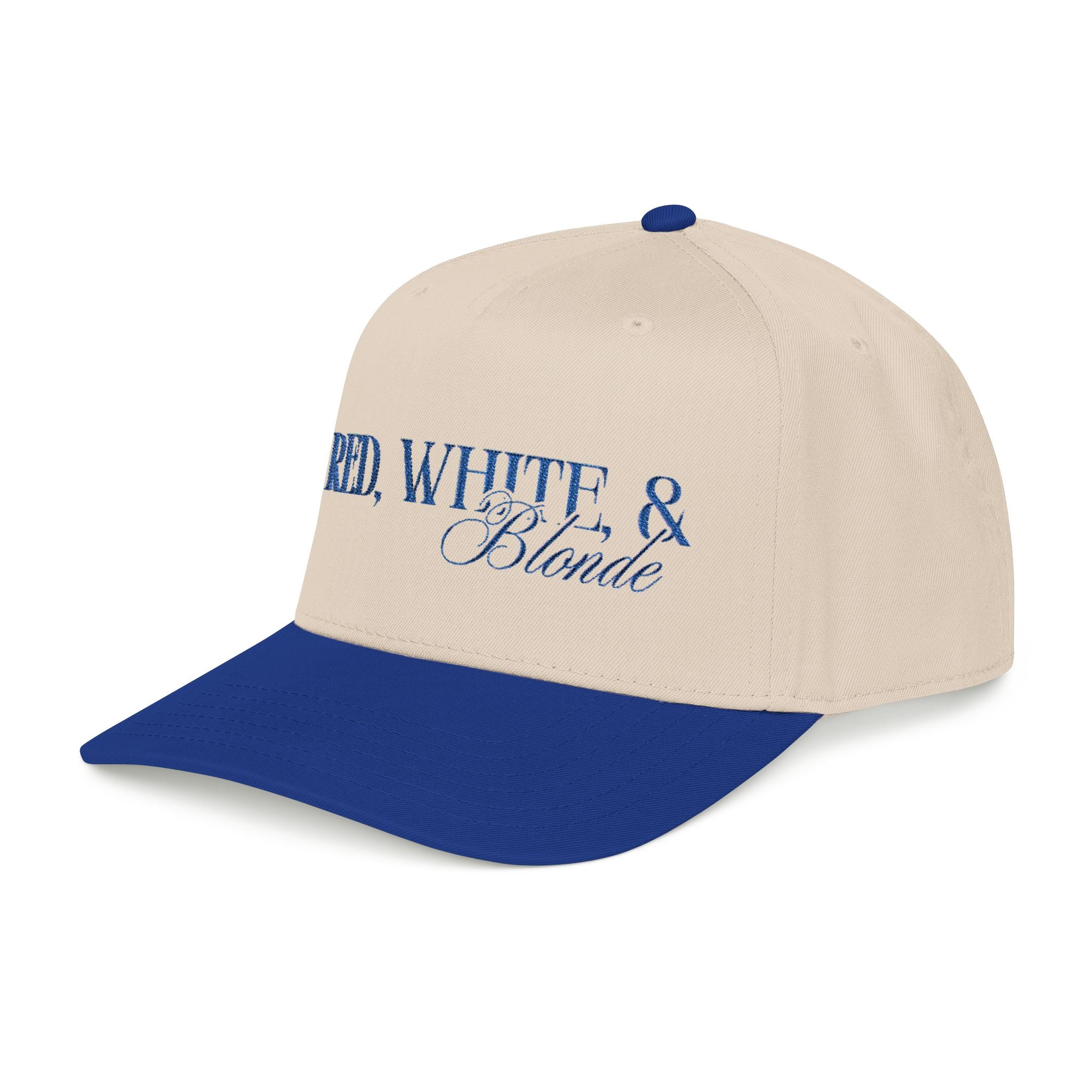Red, White & Blonde - Blue Font Mid Profile Baseball Cap