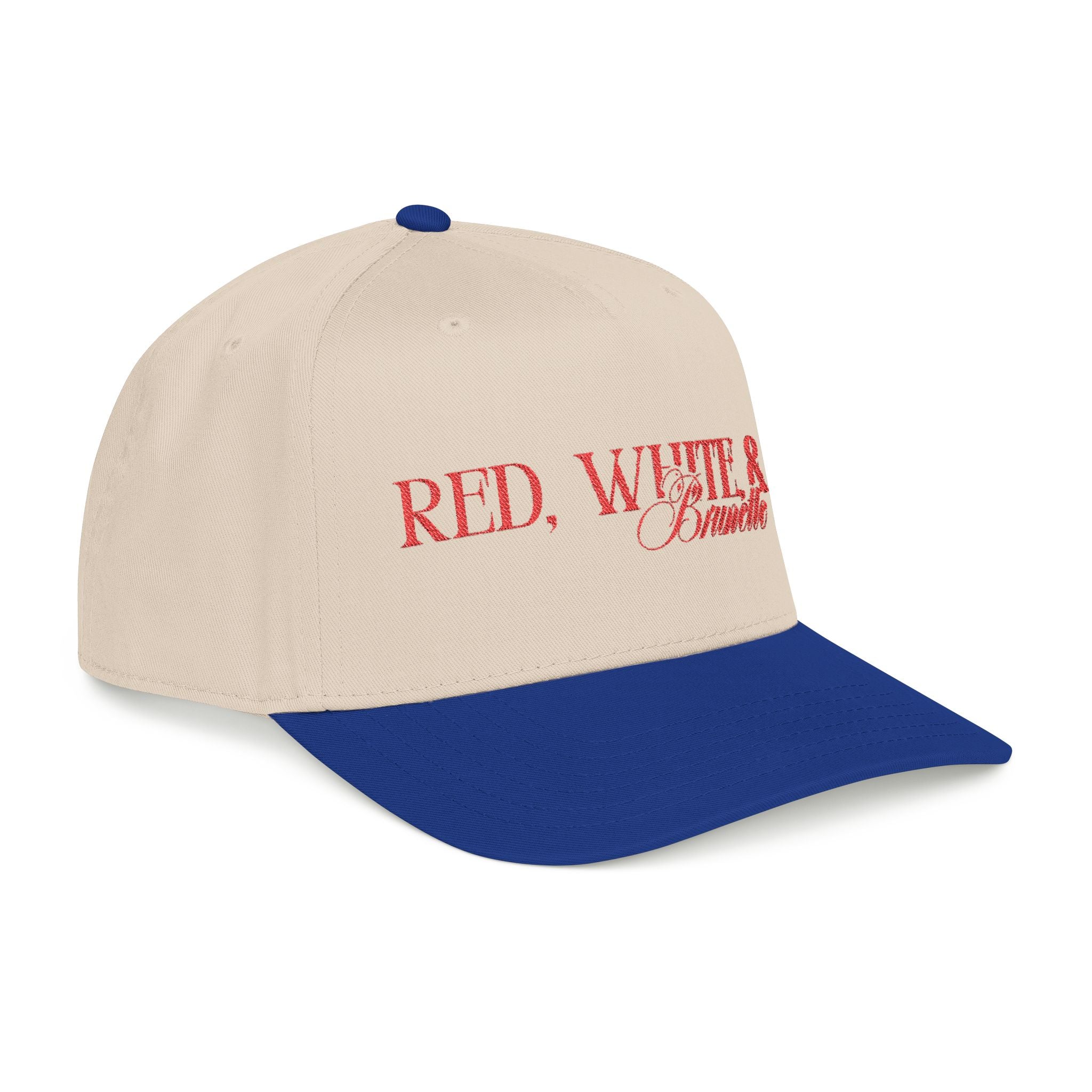 Red, White, & Brunette - Red Font Mid Profile Baseball Cap