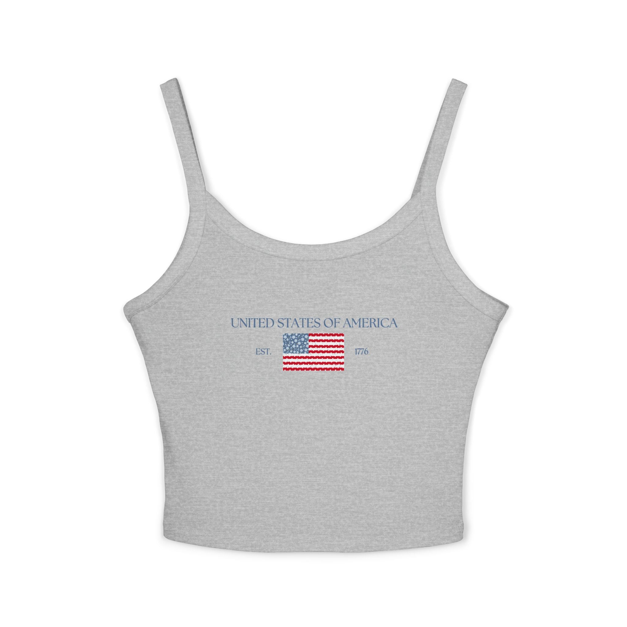 Patterned USA Flag - Blue Font Spaghetti Strap Tank Top
