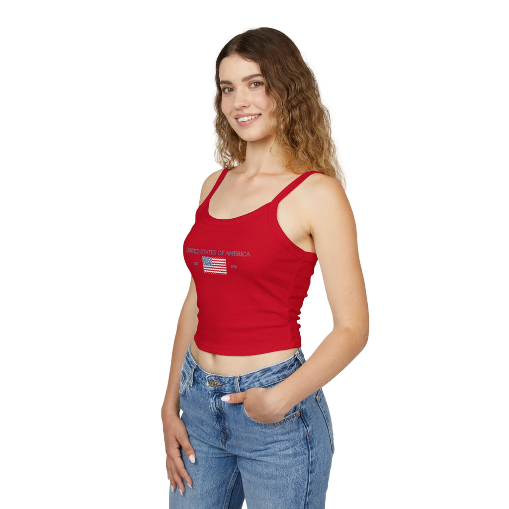 Patterned USA Flag - Blue Font Spaghetti Strap Tank Top