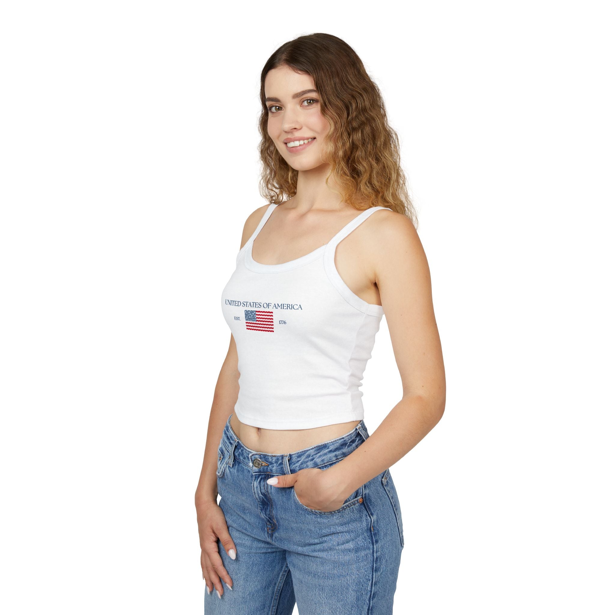 Patterned USA Flag - Blue Font Spaghetti Strap Tank Top