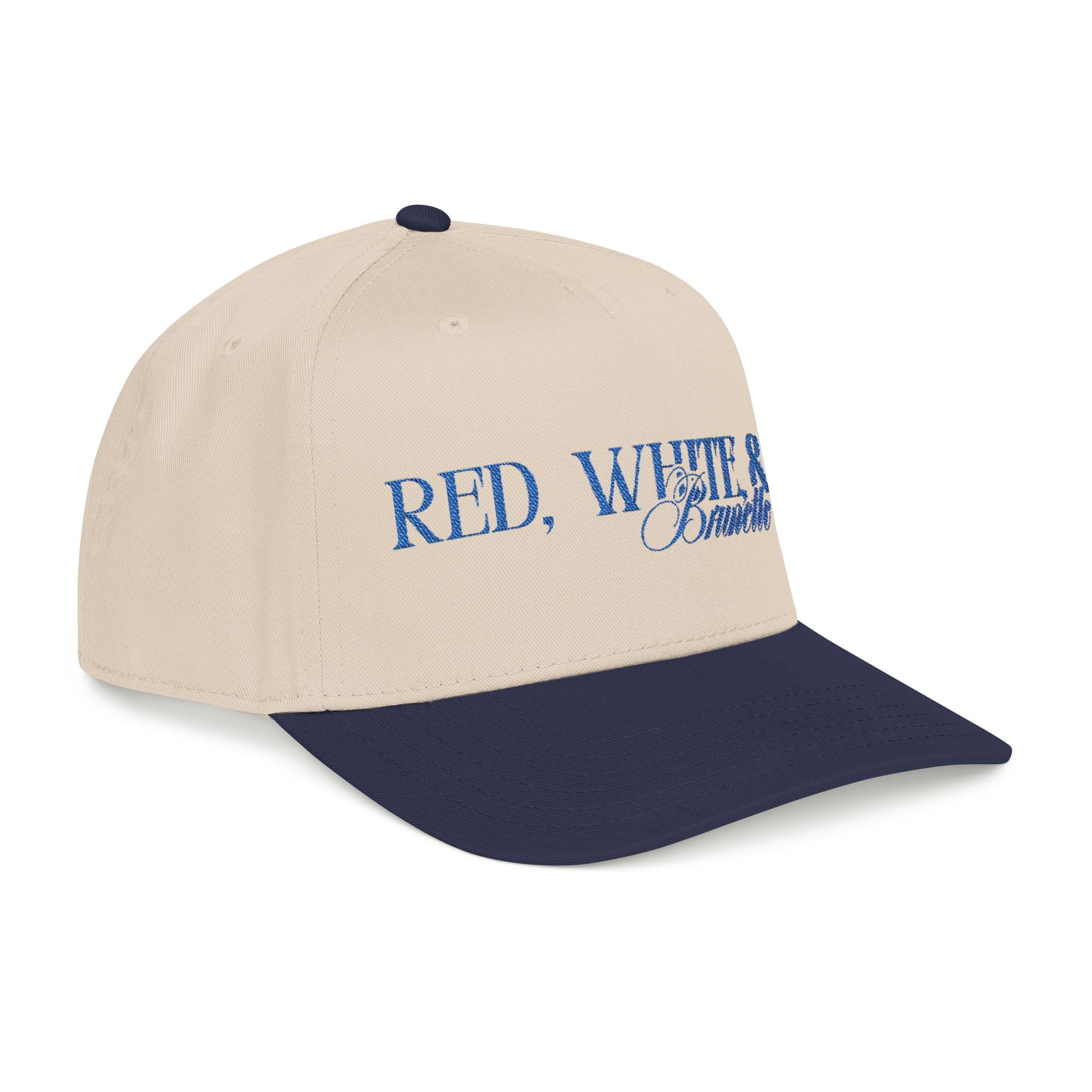 Red, White, & Brunette - Blue Font Mid Profile Baseball Cap