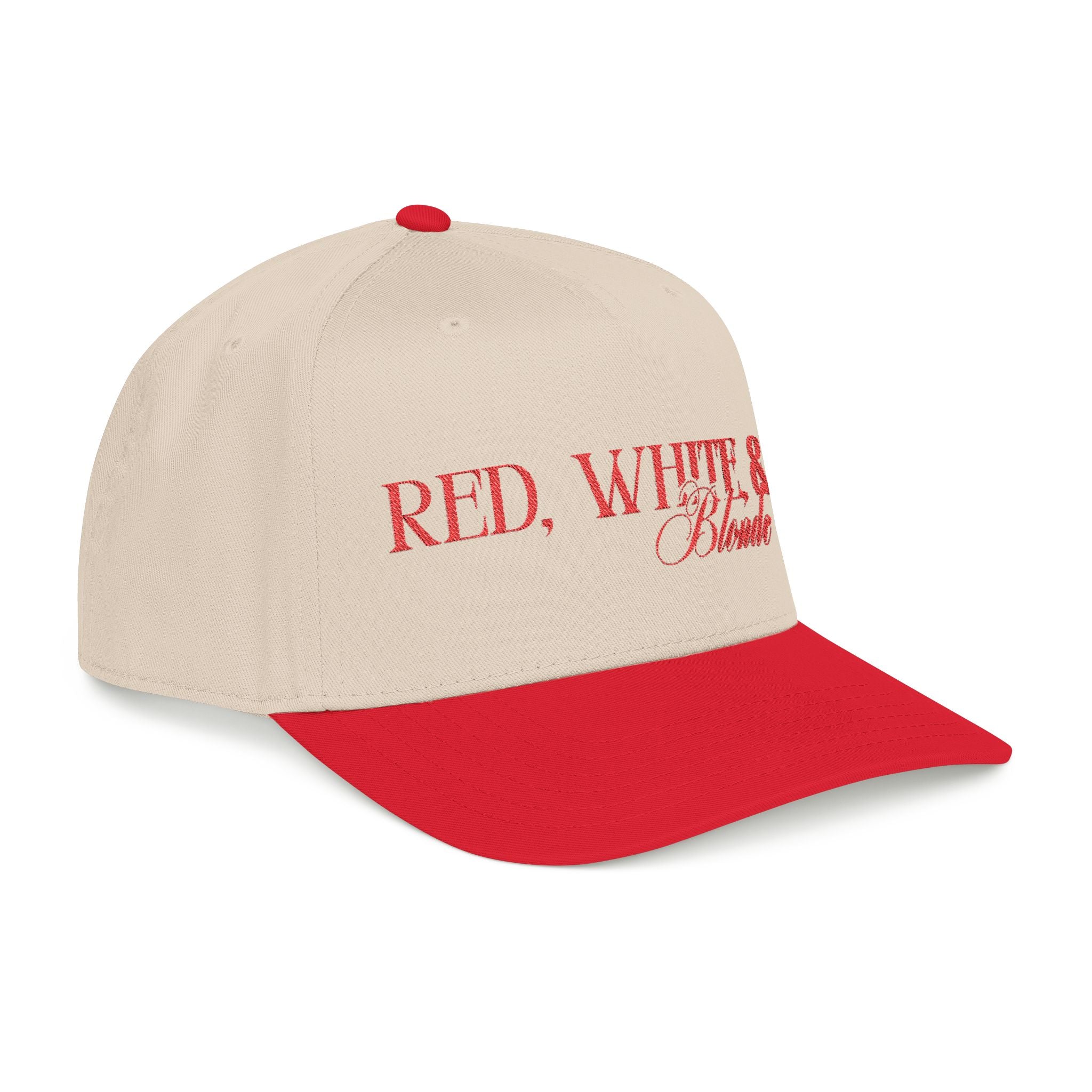 Red, White, & Blonde - Red Font Mid Profile Baseball Cap