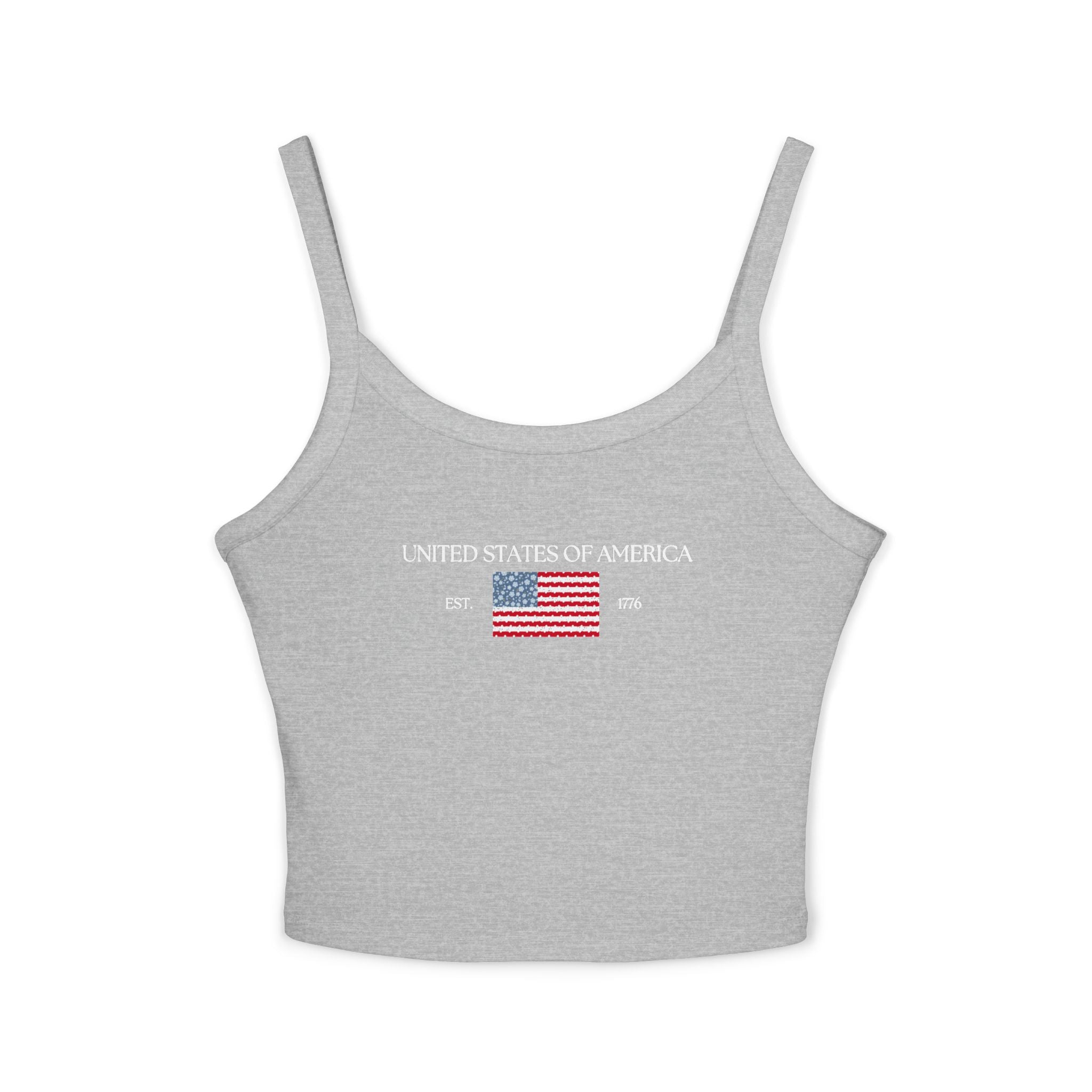 Patterned USA Flag - White Font Spaghetti Strap Tank Top