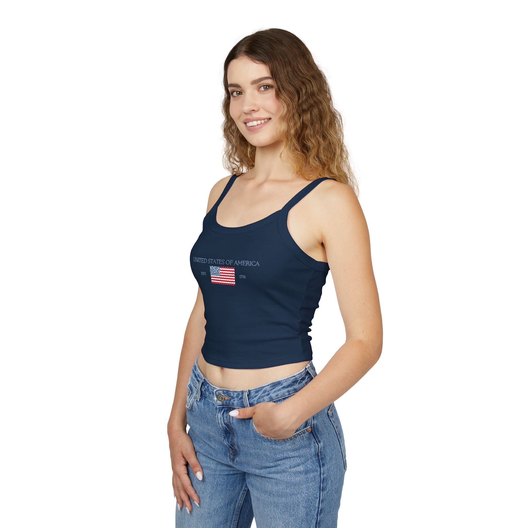 Patterned USA Flag - Blue Font Spaghetti Strap Tank Top