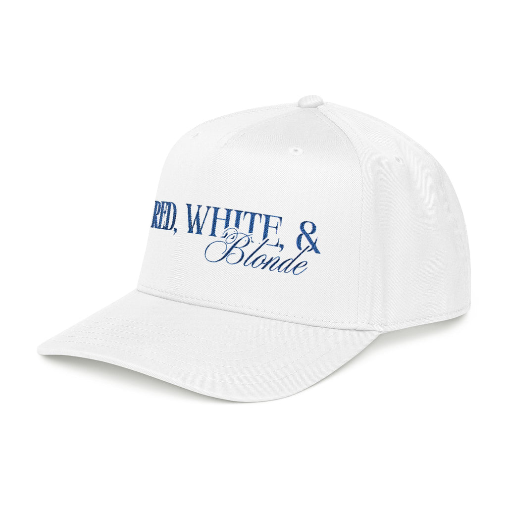 Red, White & Blonde - Blue Font Mid Profile Baseball Cap