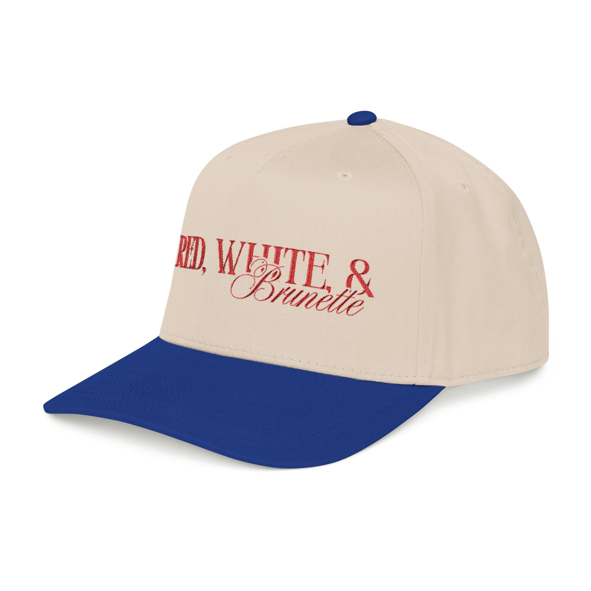 Red, White, & Brunette - Red Font Mid Profile Baseball Cap